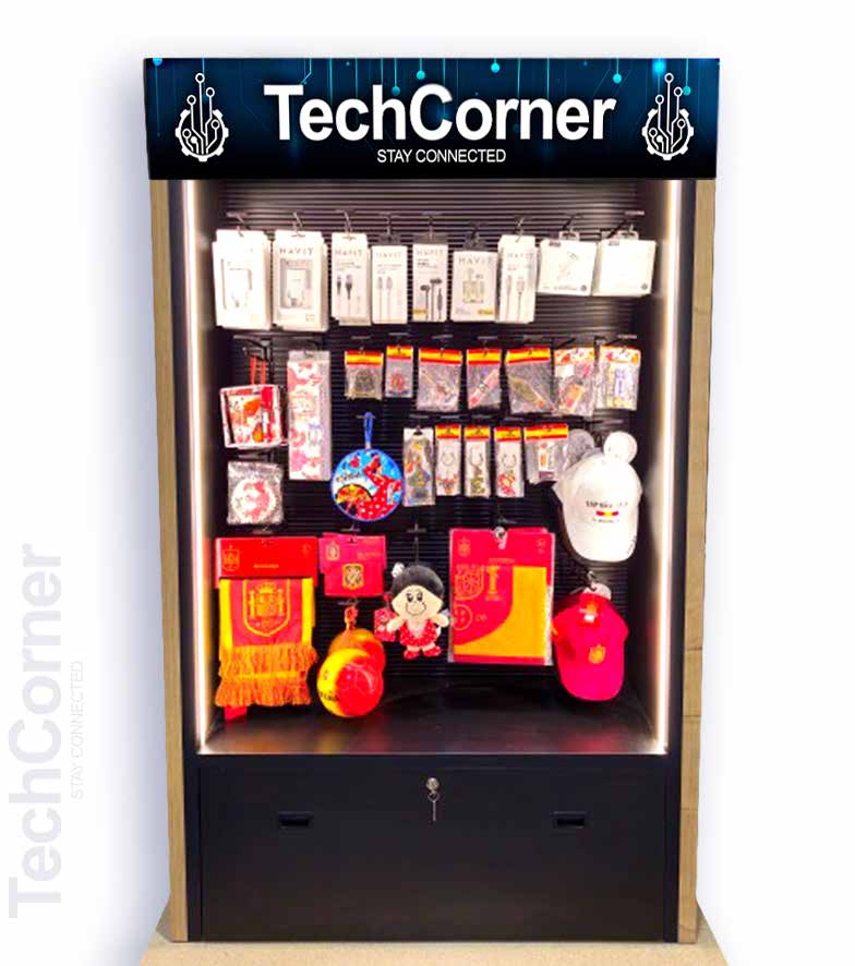 Expositor grande TechCorner con cartel luminoso