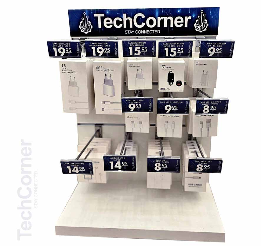 Expositor pequeño TechCorner en uso real